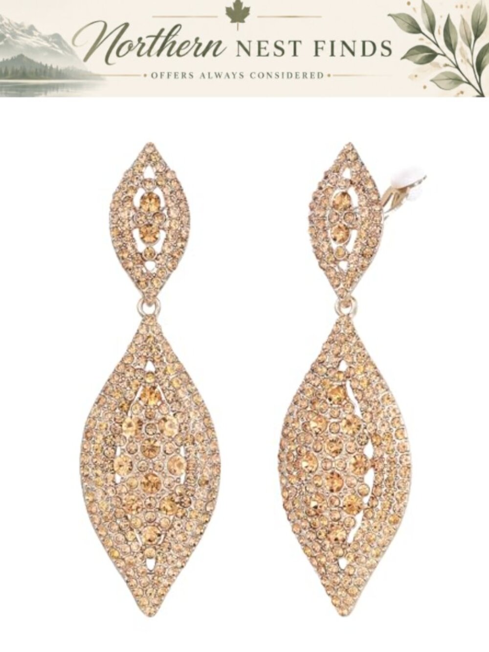 Crystal Chandelier Clip On Dangle Earrings Bridal Wedding Rhinestone Leaf Drop